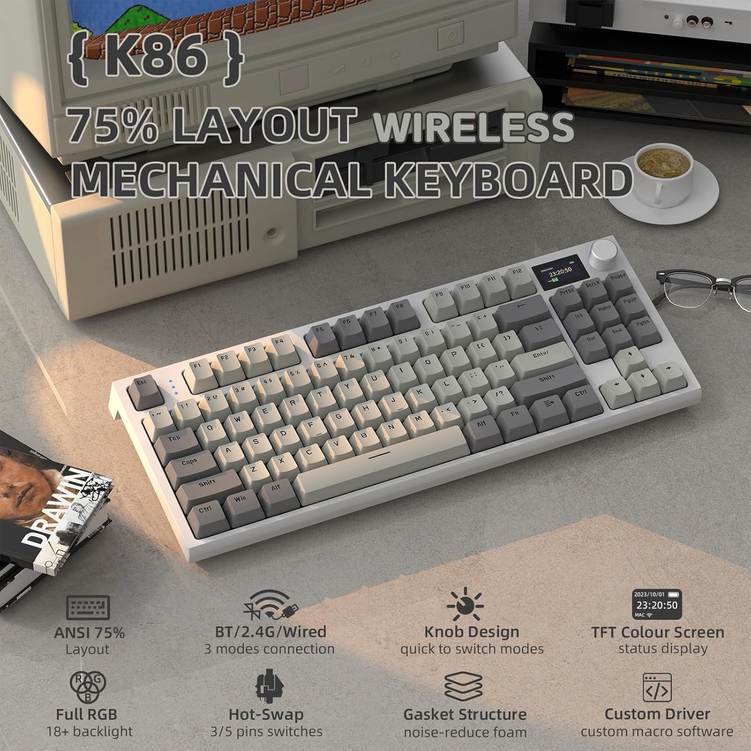 ATTACK SHARK K86 Teclado mecânico sem fio RGB para jogos, teclado